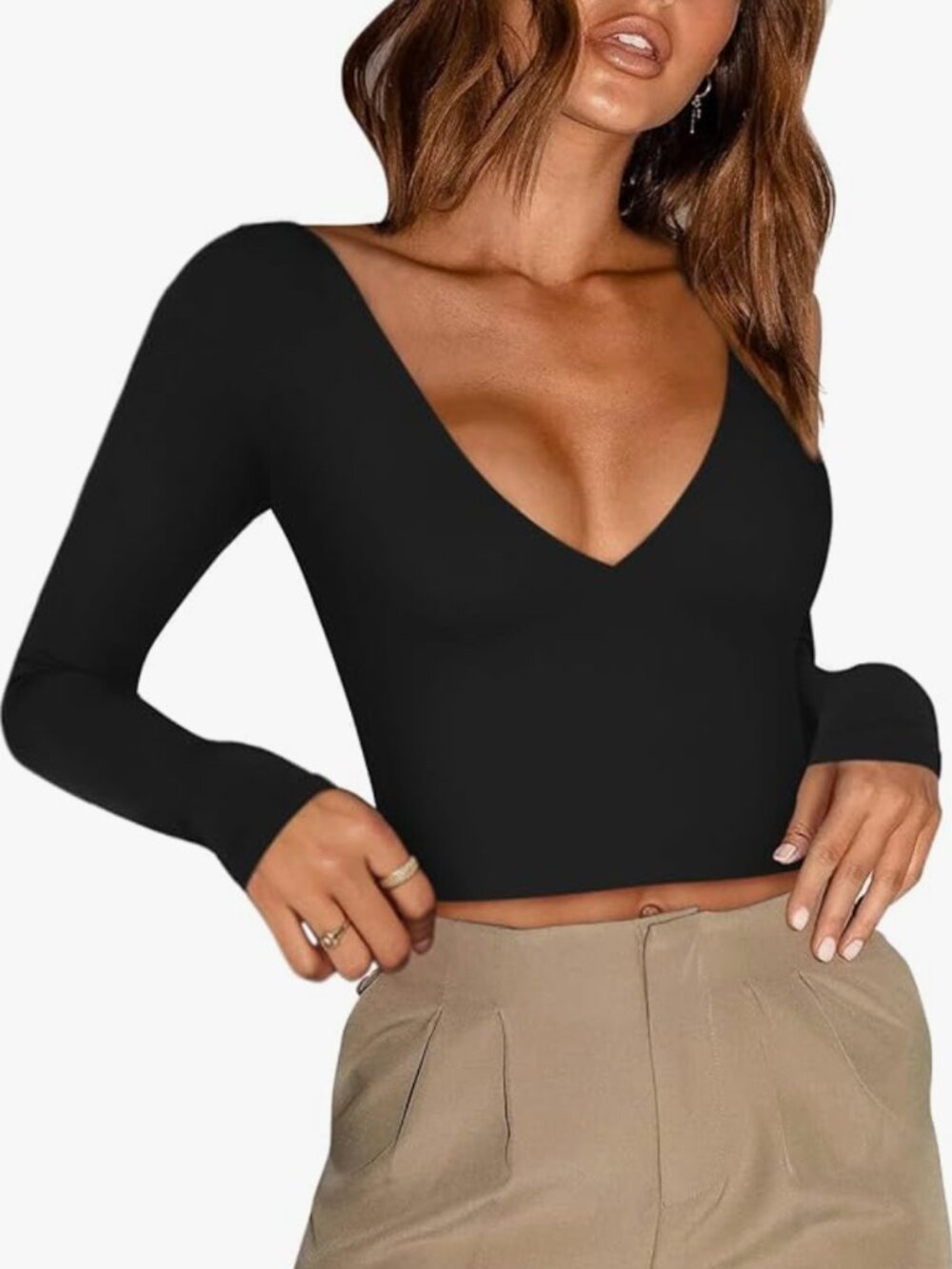 REORIA - Deep V Neck Backless Crop Top - M, Black